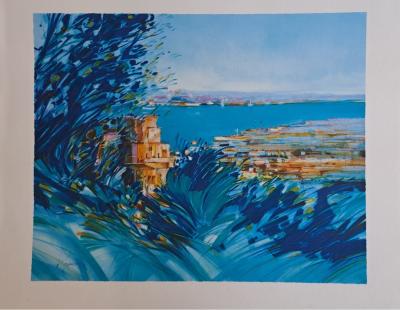 François d’Izarny - Vue sur la baie en Provence  - Lithographie originale signée 2