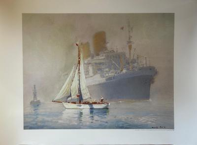 Marin-Marie - Winnibelle II devant un Paquebot dans le port de New-York - 1933 - Lithographie couleur signée 2