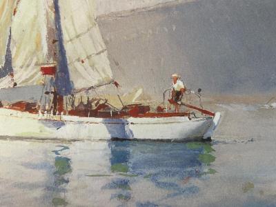 Marin-Marie - Winnibelle II devant un Paquebot dans le port de New-York - 1933 - Lithographie couleur signée 2