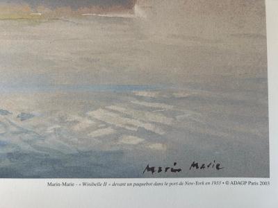 Marin-Marie - Winnibelle II devant un Paquebot dans le port de New-York - 1933 - Lithographie couleur signée 2