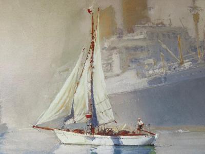 Marin-Marie - Winnibelle II devant un Paquebot dans le port de New-York - 1933 - Lithographie couleur signée 2