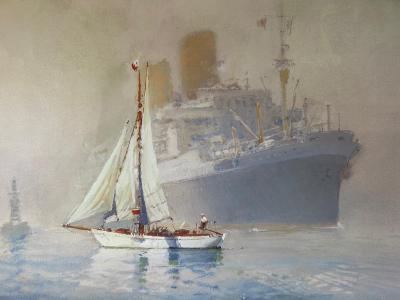 Marin-Marie - Winnibelle II devant un Paquebot dans le port de New-York - 1933 - Lithographie couleur signée 2