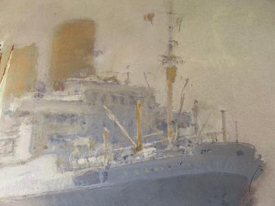 Marin-Marie - Winnibelle II devant un Paquebot dans le port de New-York - 1933 - Lithographie couleur signée 2