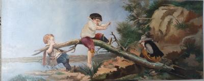Georges SORTAIS - Trois enfants jouant sur une branche - Huile sur toile 2