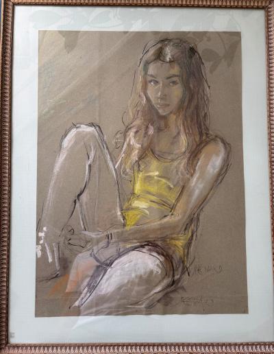 Jacques Pecnard -  La Jeune fille, le regard - Technique mixte Pastel Crayon et Aquarelle - signée 2