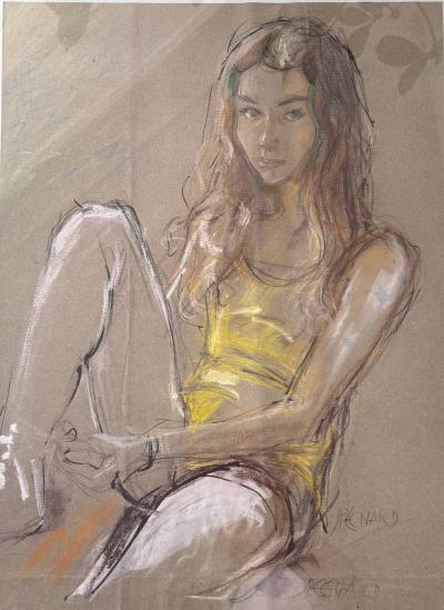 Jacques Pecnard -  La Jeune fille, le regard - Technique mixte Pastel Crayon et Aquarelle - signée 2
