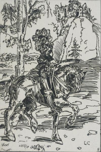 Lucas CRANACH L’ANCIEN : Le chevalier à cheval, Gravure signée 2