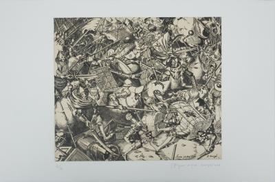 Pieter BRUEGHEL L'ANCIEN : La Bataille des sacs d'argent et des coffres-forts, Gravure signée 2