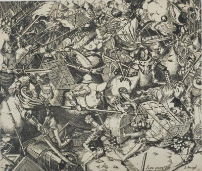 Pieter BRUEGHEL L'ANCIEN : La Bataille des sacs d'argent et des coffres-forts, Gravure signée 2