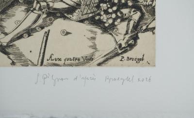 Pieter BRUEGHEL L'ANCIEN : La Bataille des sacs d'argent et des coffres-forts, Gravure signée 2