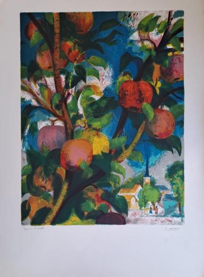 Paul Collomb - Le pommier - Lithographie originale en couleurs, signée 2