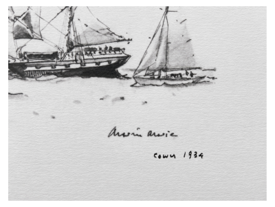 Marin Marie - Le Fantôme ou Belem , 3 mats barque pendant une regate à Cowes - 1934 - lithographie signée 2