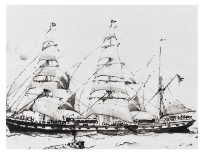 Marin Marie - Le Fantôme ou Belem , 3 mats barque pendant une regate à Cowes - 1934 - lithographie signée 2