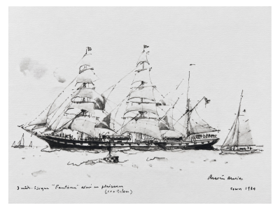 Marin Marie - Le Fantôme ou Belem , 3 mats barque pendant une regate à Cowes - 1934 - lithographie signée 2