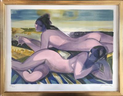 Camille HILAIRE - Sur la plage, circa 1970.Lithographie originale signée 2