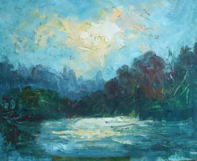 Bernard CLAVEL - Coucher de soleil sur le lac, 1980 - Huile sur toile 2