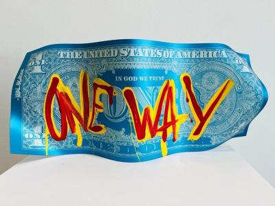 Karl LAGASSE ONE DOLLAR ONE WAY Blues Maldives Sculpture en aluminium 2