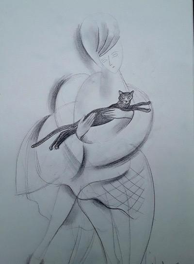 Veronika Issaeva-Agenos    Femme avec le chat - Crayon  sur papier 2
