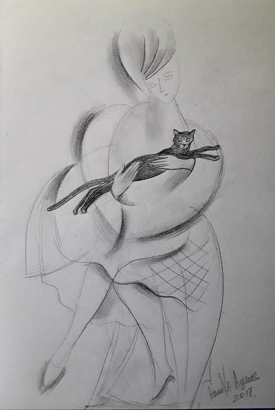 Veronika Issaeva-Agenos    Femme avec le chat - Crayon  sur papier 2